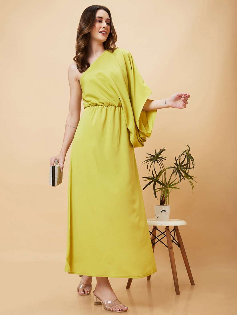 globus women yellow kimono sleeves one shoulder gathered waist fit & flare side slit maxi dress - 21193430 - Standard Image - 1