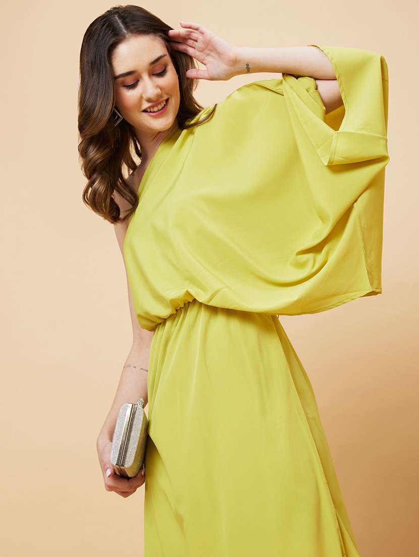 globus women yellow kimono sleeves one shoulder gathered waist fit & flare side slit maxi dress - 21193430 - Standard Image - 4