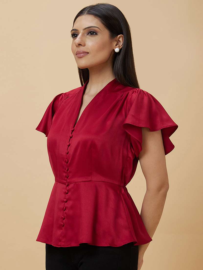 globus women red v neck flutter sleeve peplum party top - 21193432 -  Standard Image - 1