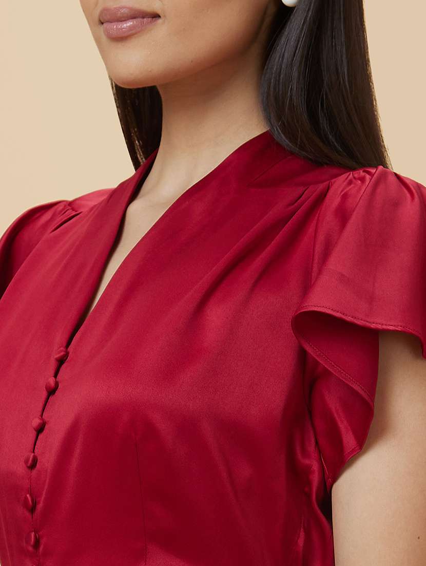 globus women red v neck flutter sleeve peplum party top - 21193432 -  Standard Image - 4