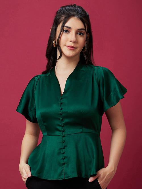 globus women green v neck flutter sleeve peplum party top - 21193433 -  Standard Image - 0