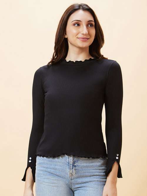 globus women black long sleeve ribbed mock neck lettuce edge top - 21193434 -  Standard Image - 0