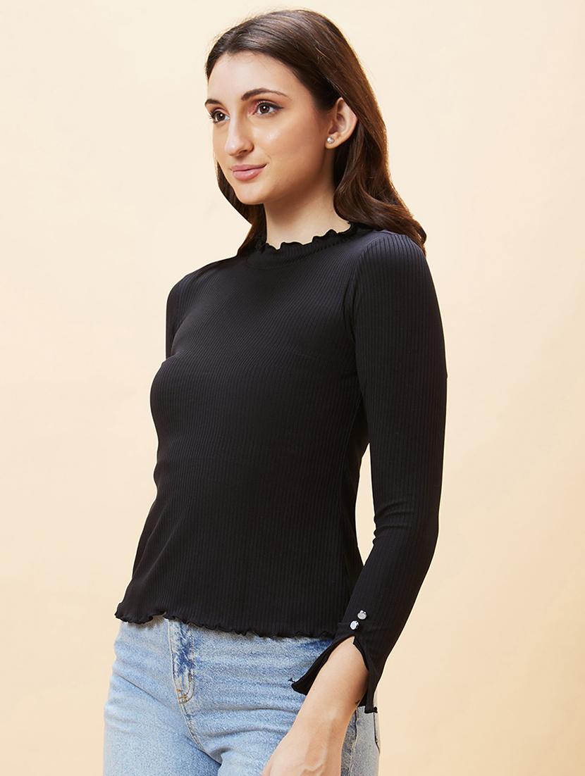 globus women black long sleeve ribbed mock neck lettuce edge top - 21193434 - Standard Image - 1