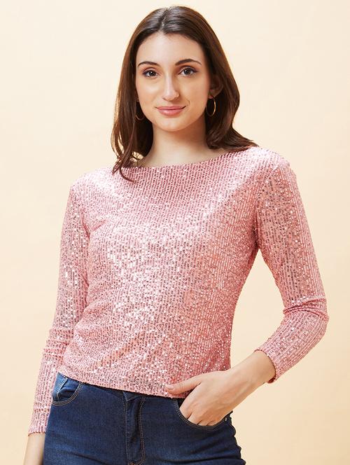 globus women pink long sleeve sequinned party top - 21193436 - Standard Image - 0