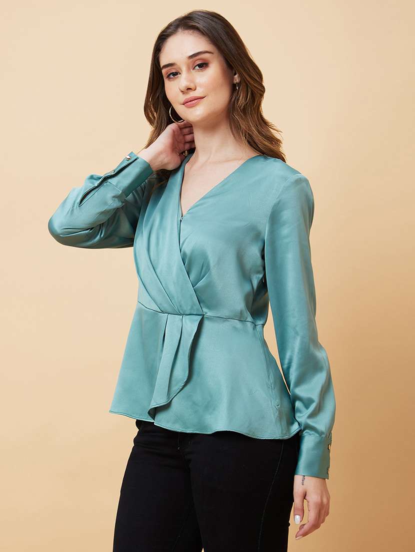 globus women green long cuffed sleeves v neck wrap party top - 21193437 -  Standard Image - 1