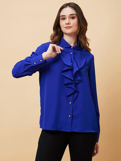 globus women blue cuffed sleeves ruffles shirt style top - 21193439 -  Standard Image - 0