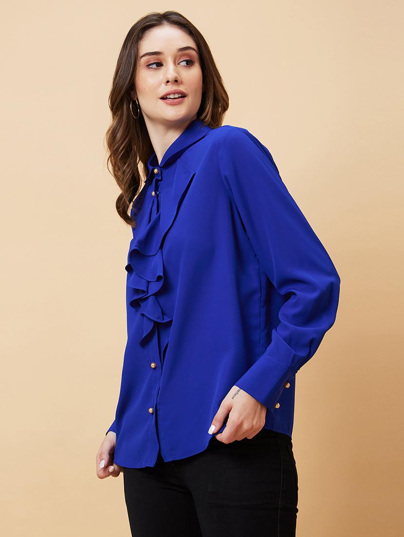 globus women blue cuffed sleeves ruffles shirt style top - 21193439 -  Standard Image - 1