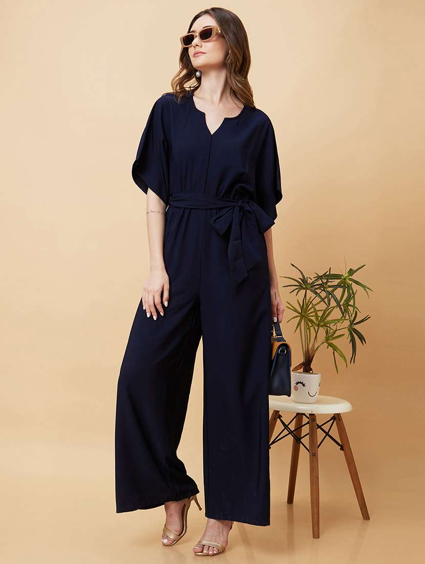 globus women navy round neck with v cut & kimono sleeves waist tie-up longline jumpsuit - 21193474 -  Standard Image - 1