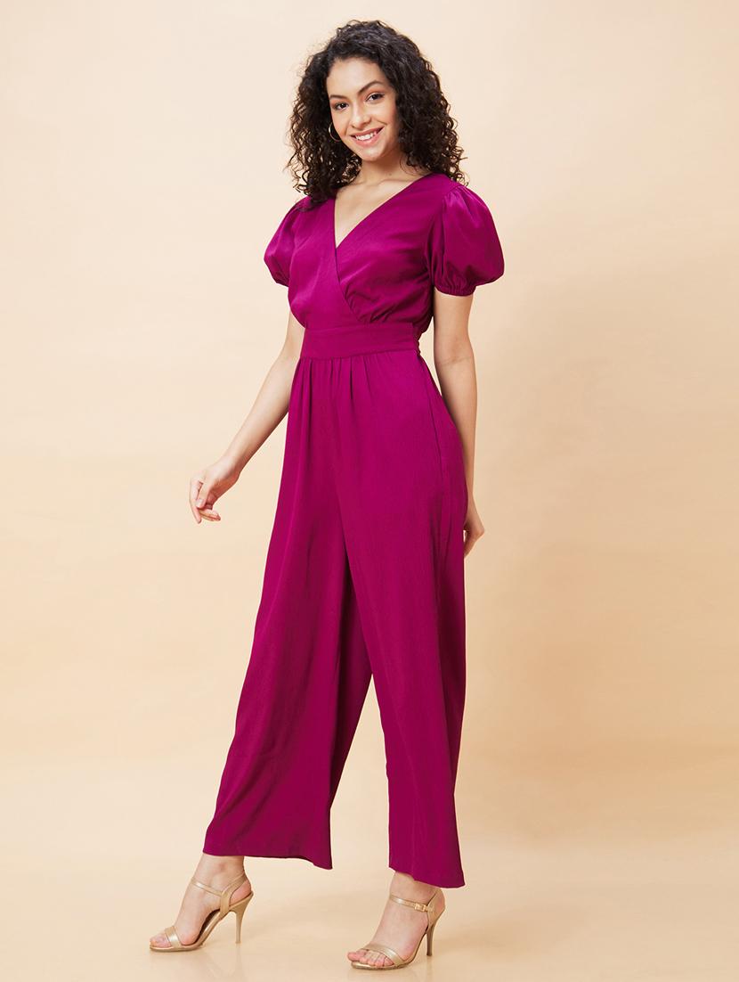 globus women purple wrap neck puff sleeves back waist tie-up long jumpsuit - 21193475 -  Standard Image - 1