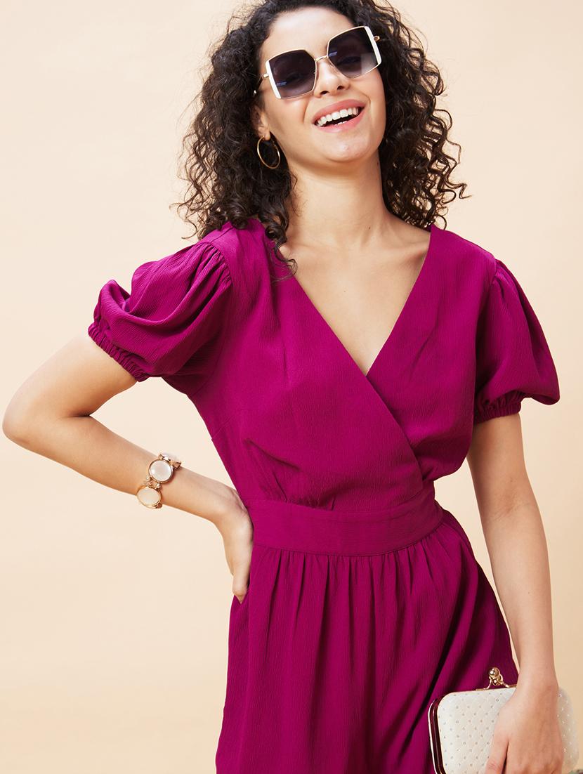 globus women purple wrap neck puff sleeves back waist tie-up long jumpsuit - 21193475 - Standard Image - 4