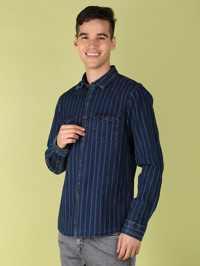 men blue striped regular fit collared casual shirt - 21194988 - Standard Image - 1