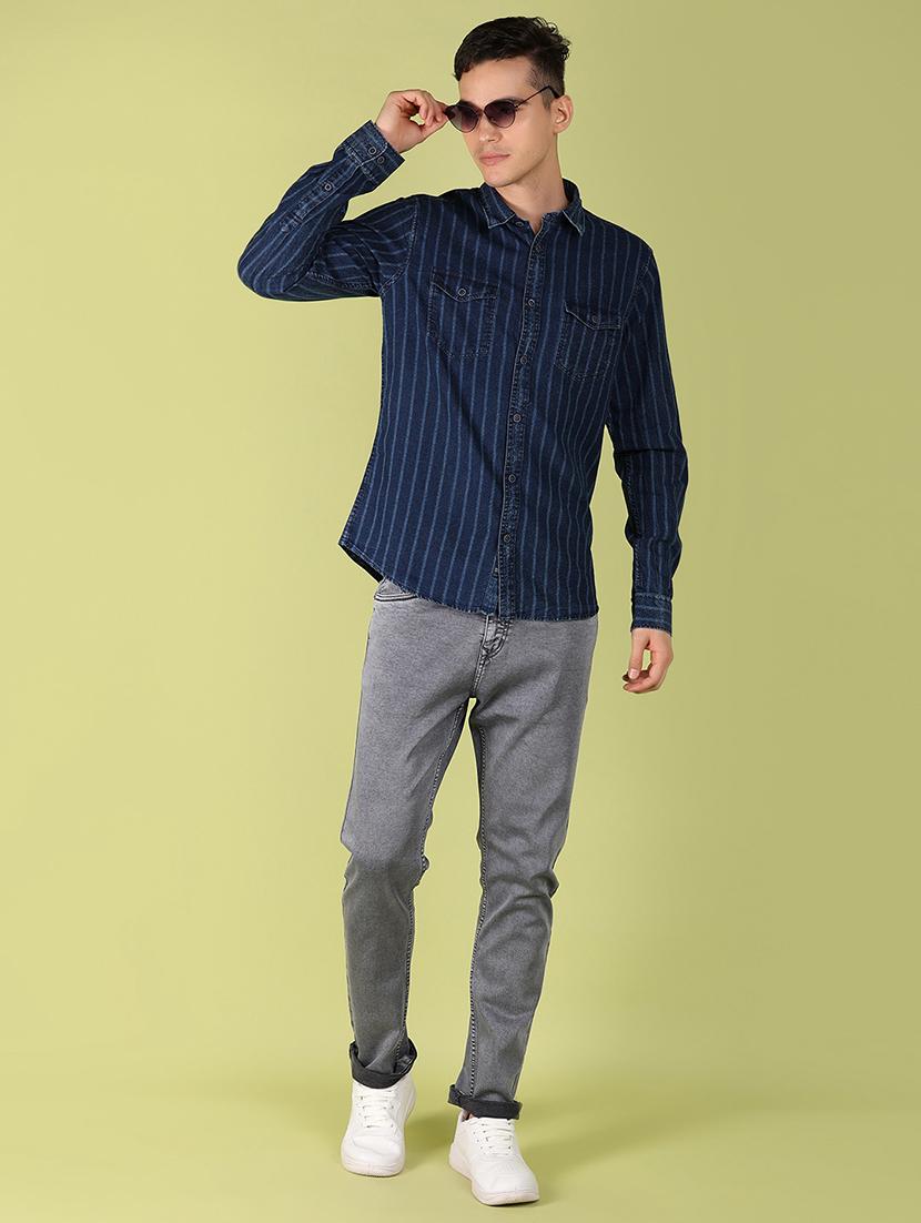 men blue striped regular fit collared casual shirt - 21194988 - Standard Image - 4