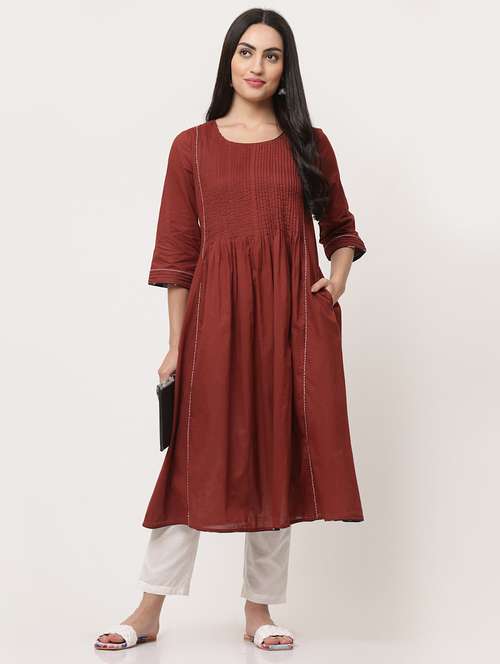 maroon cotton a-line kurta - 21195634 -  Standard Image - 0