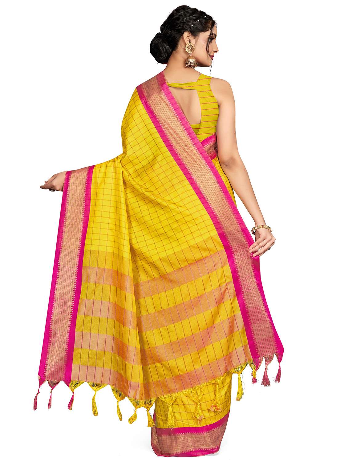 yellow checkered handloom saree with blouse - 21217637 -  Standard Image - 1