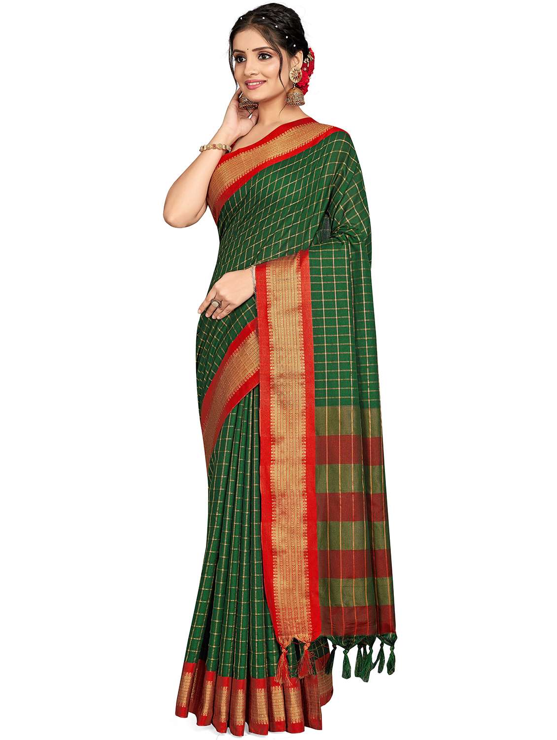 women checkered handloom saree with blouse