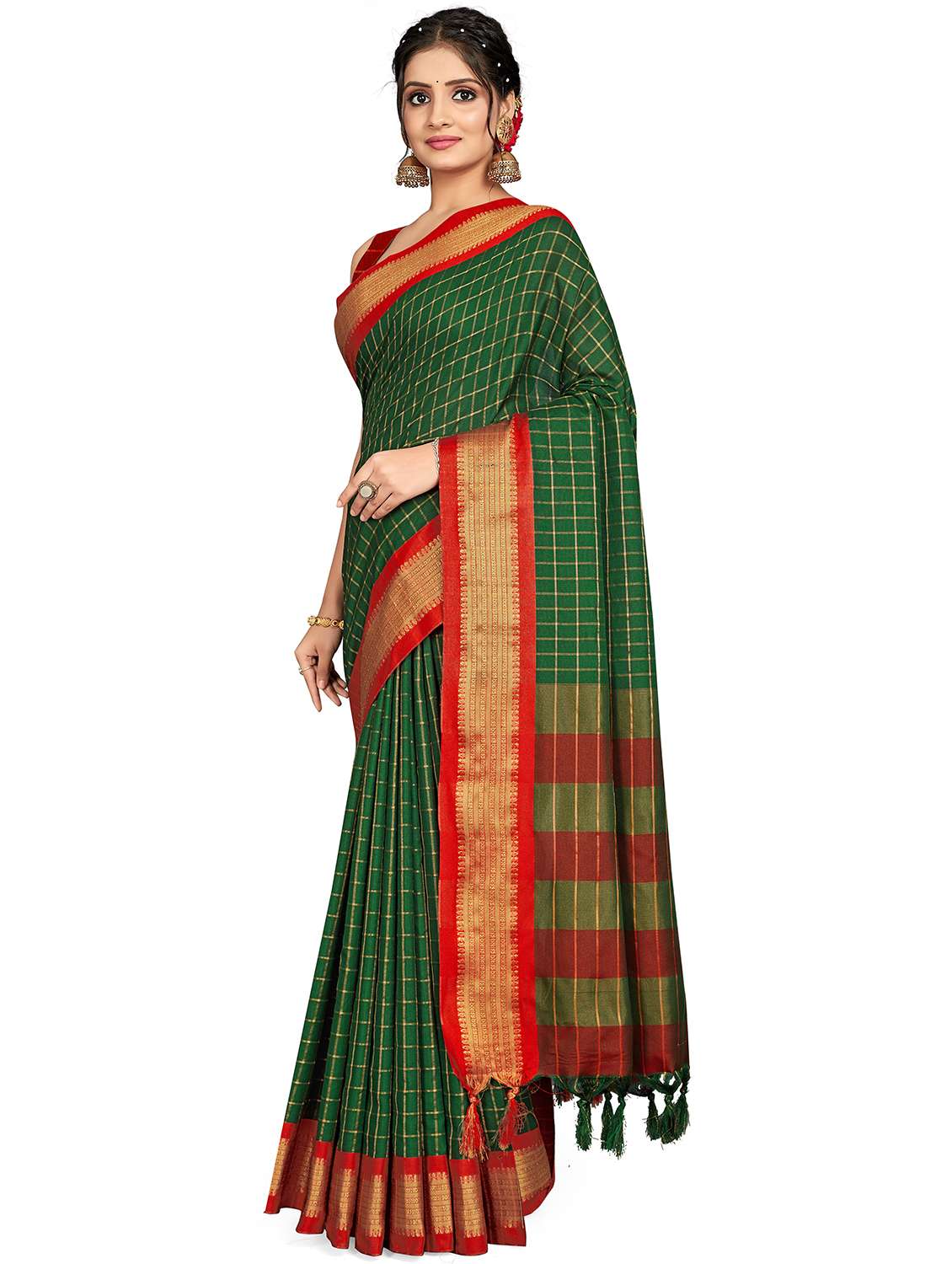 women checkered handloom saree with blouse - 21217641 -  Standard Image - 1