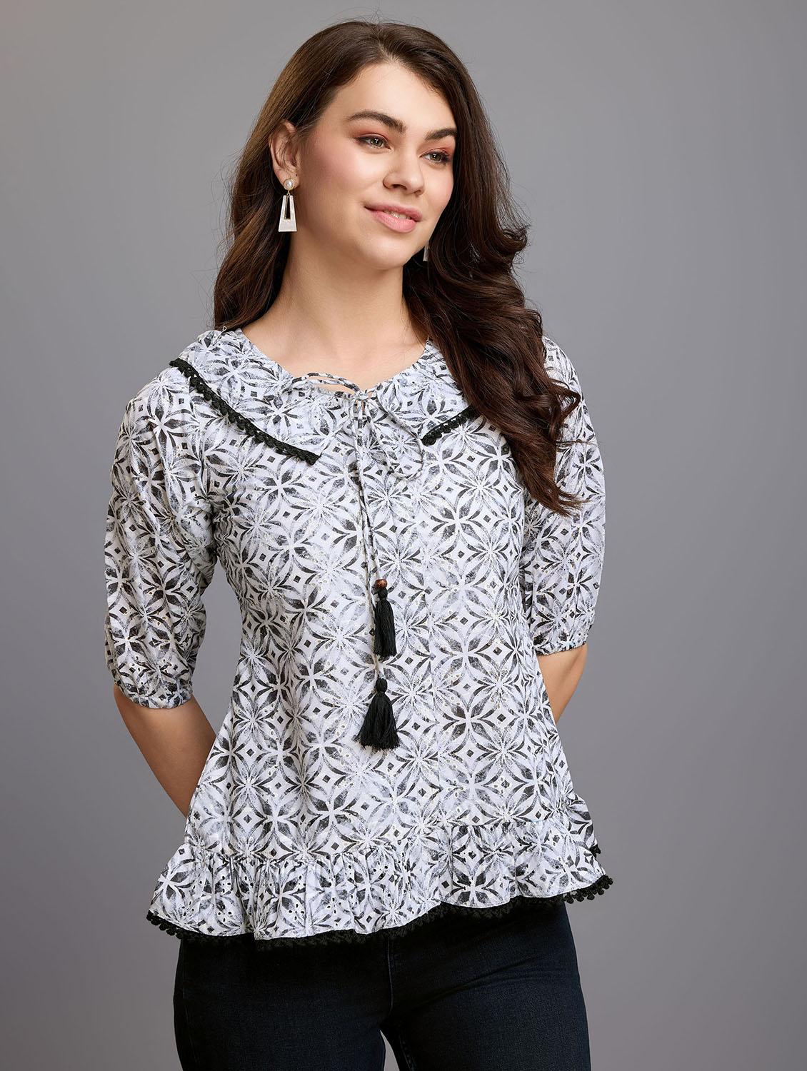 women white printed puff sleeve a line top - 21219866 - Zoom Image - 0
