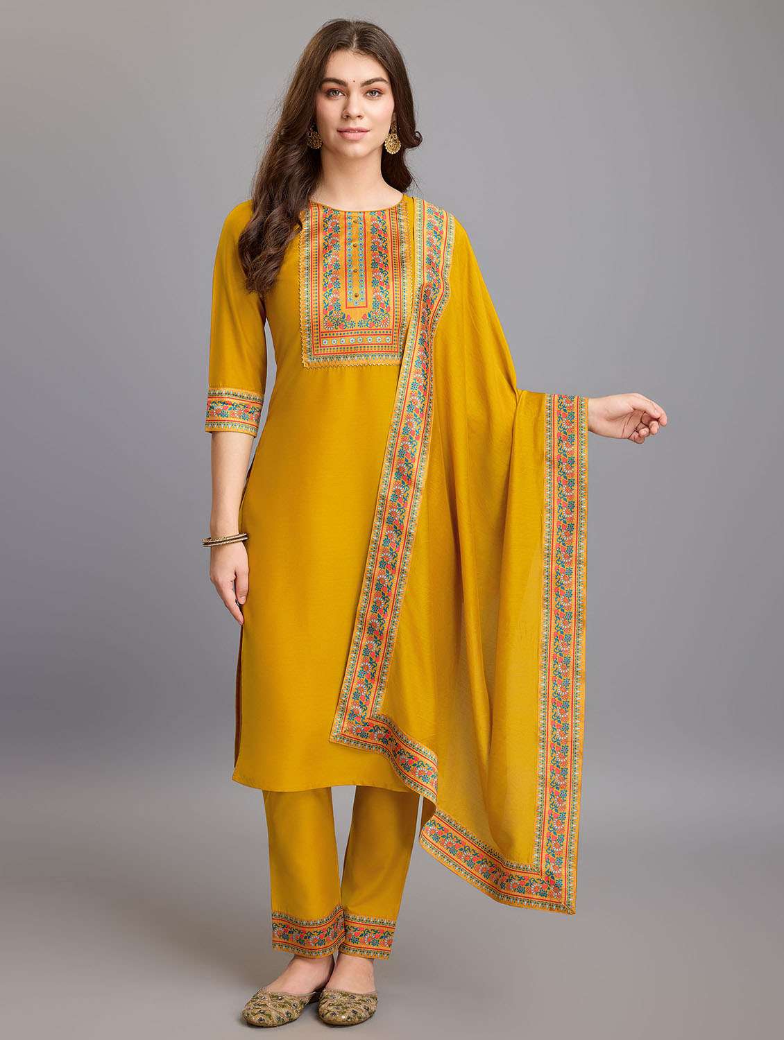 women mustard placement print kurta pant set with dupatta