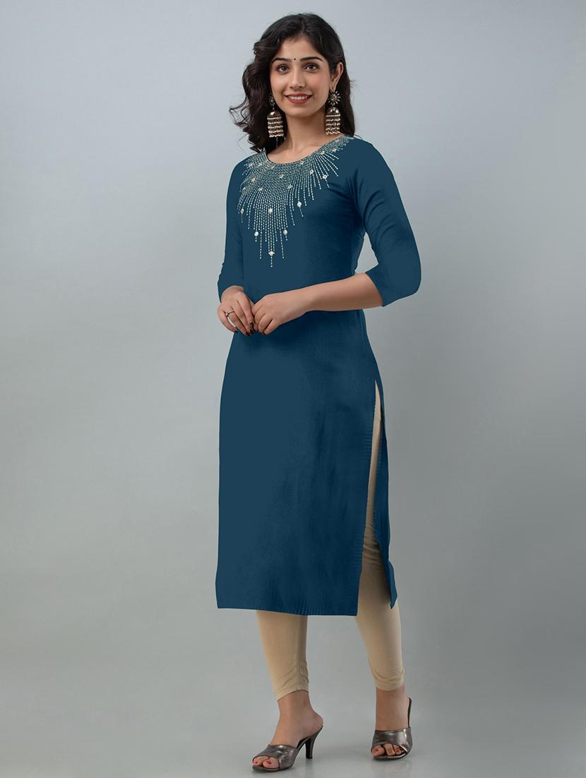 teal rayon straight kurta - 21219881 - Standard Image - 1