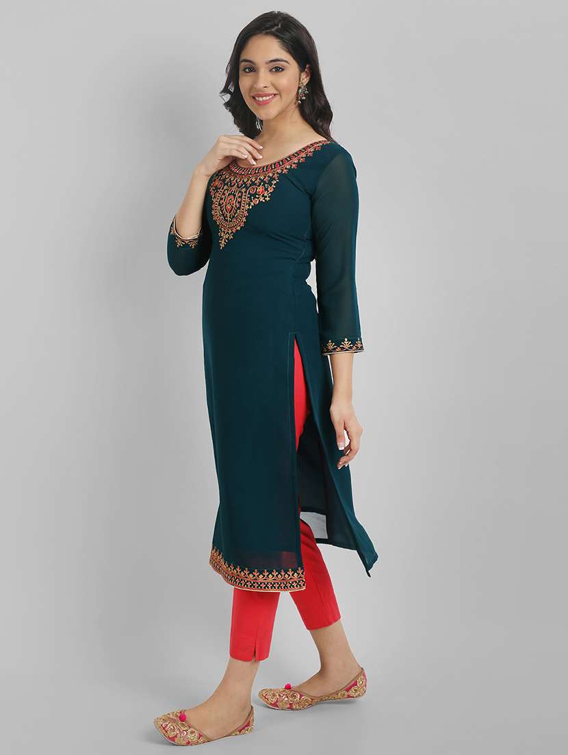 women three quarter sleeve straight kurta - 21219906 -  Standard Image - 1