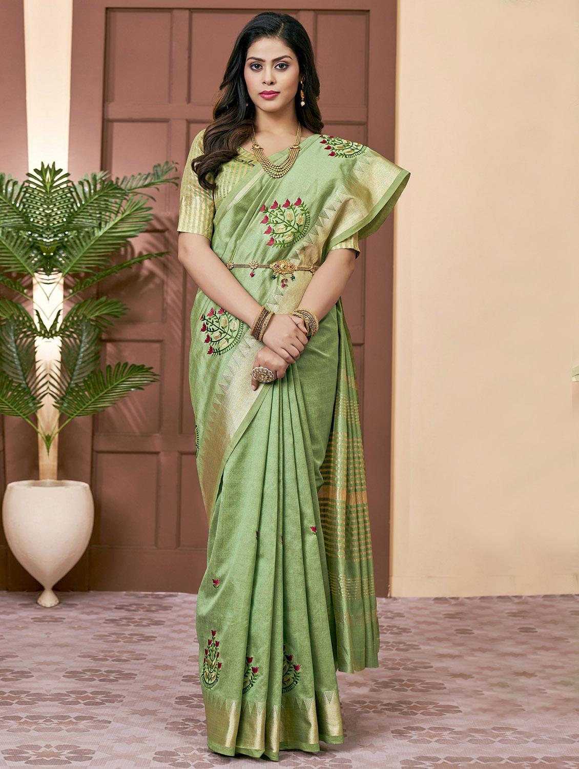 green assam silk embroidered saree with blouse - 21221235 - Standard Image - 1