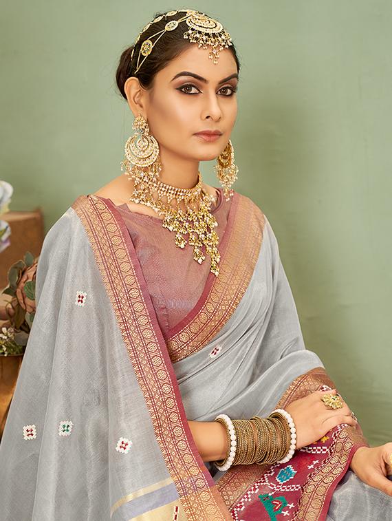grey jacquard embroidered saree with blouse - 21221244 - Standard Image - 1