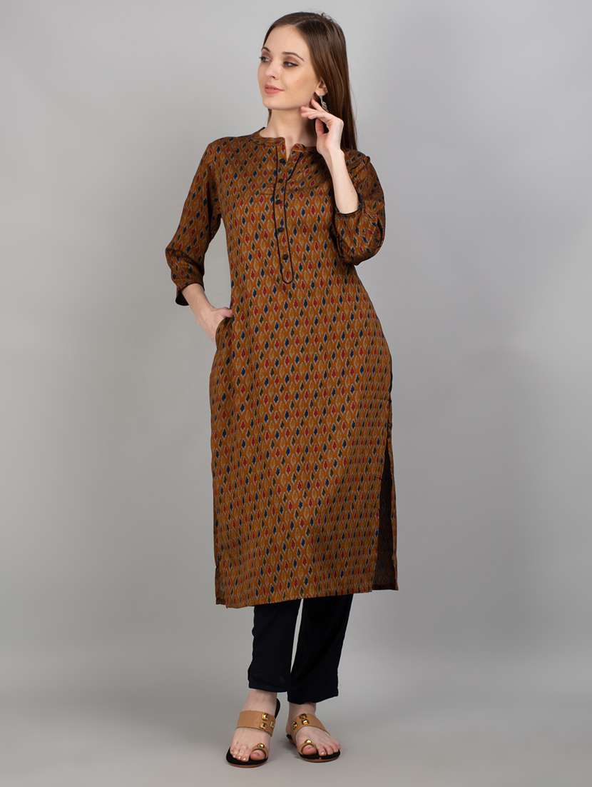 women mustard ikat mandarin neck kurta pant set - 21221420 -  Standard Image - 1