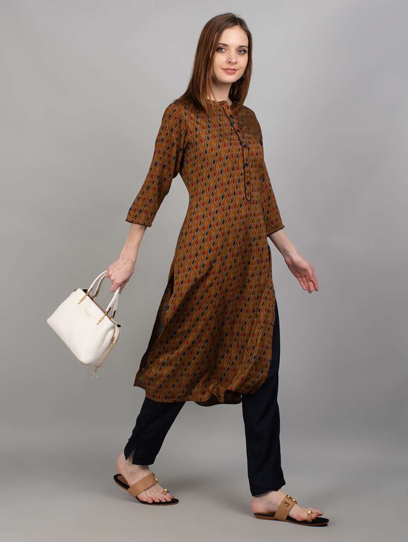 women mustard ikat mandarin neck kurta pant set - 21221420 -  Standard Image - 4
