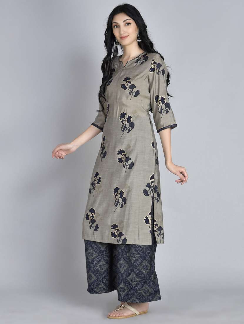 women grey floral notch neck kurta palazzo set  - 21221435 -  Standard Image - 1