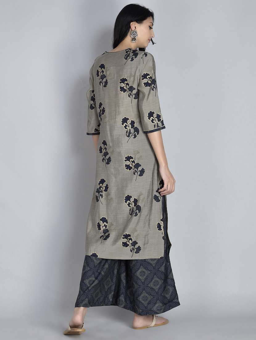women grey floral notch neck kurta palazzo set  - 21221435 -  Standard Image - 4