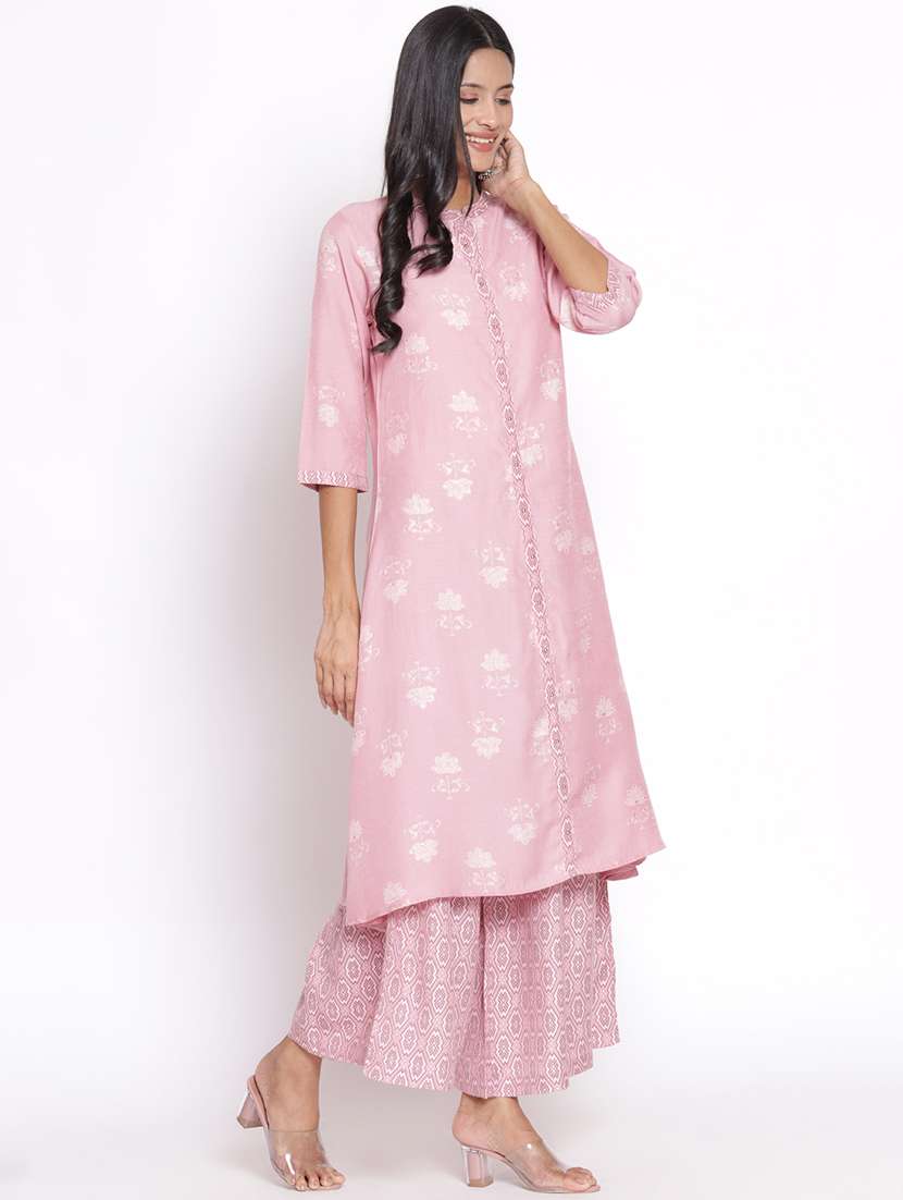 women pink floral mandarin neck kurta palazzo set - 21221439 -  Standard Image - 1