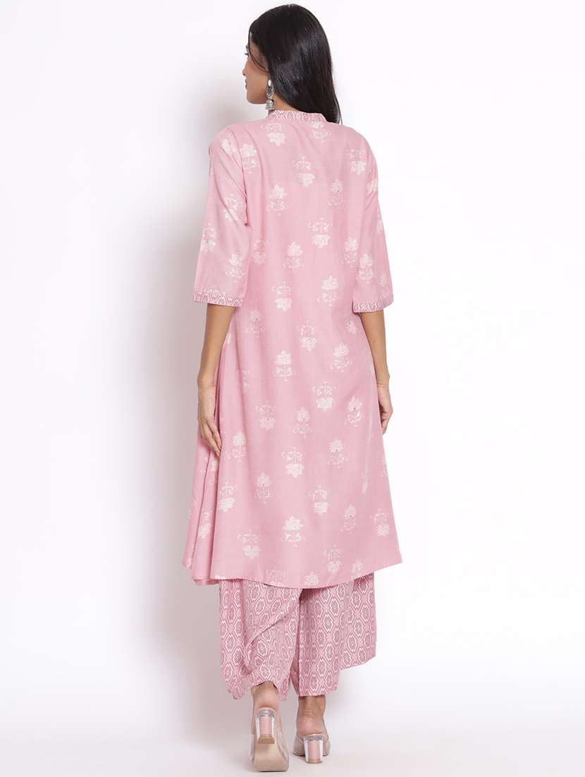 women pink floral mandarin neck kurta palazzo set - 21221439 -  Standard Image - 4