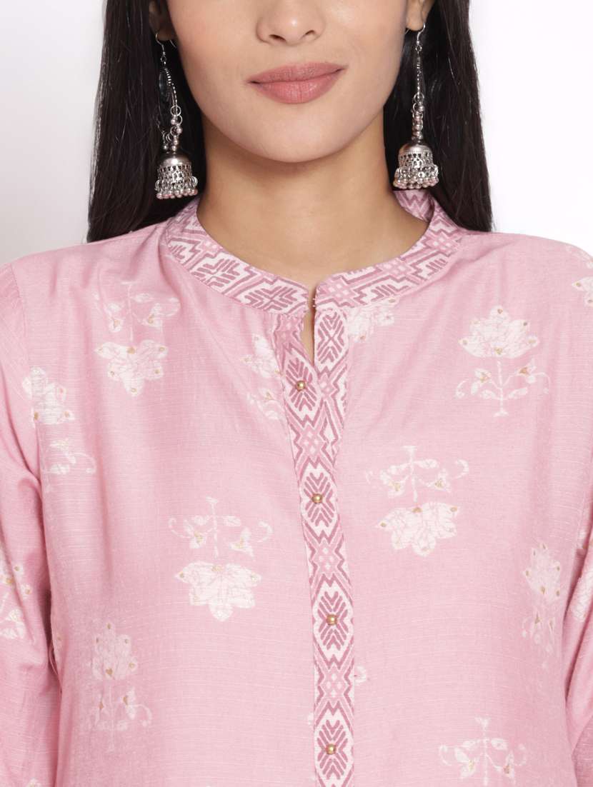 women pink floral mandarin neck kurta palazzo set - 21221439 -  Standard Image - 6