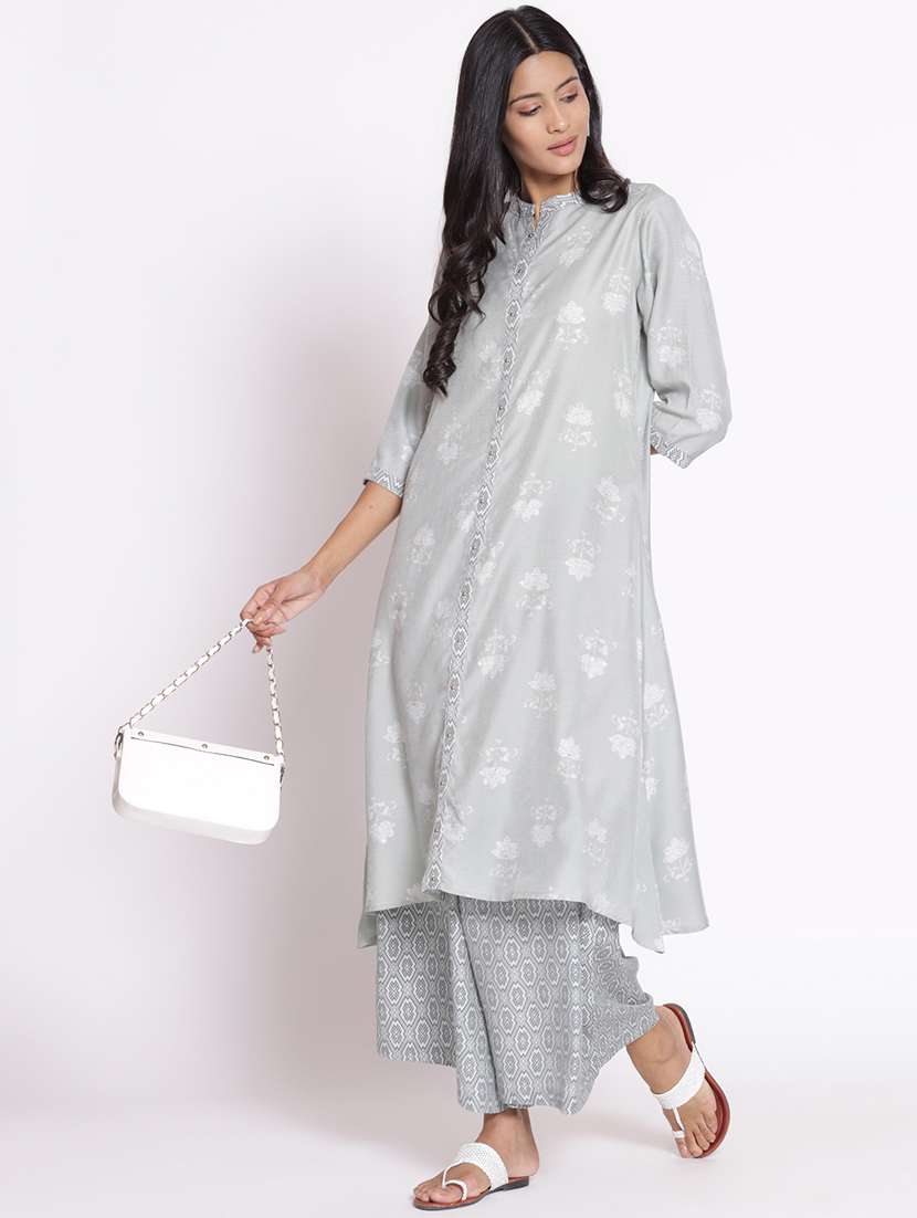 women grey floral mandarin neck kurta palazzo set - 21221440 -  Standard Image - 1