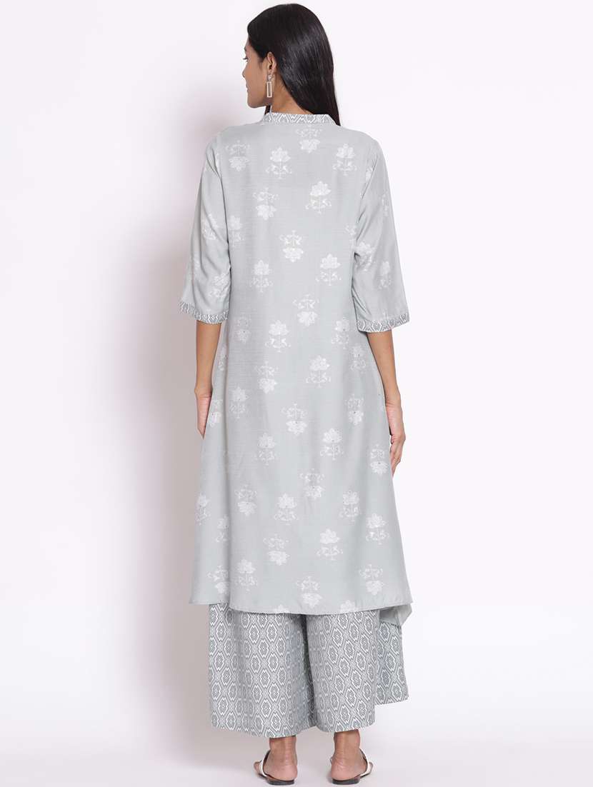 women grey floral mandarin neck kurta palazzo set - 21221440 -  Standard Image - 4
