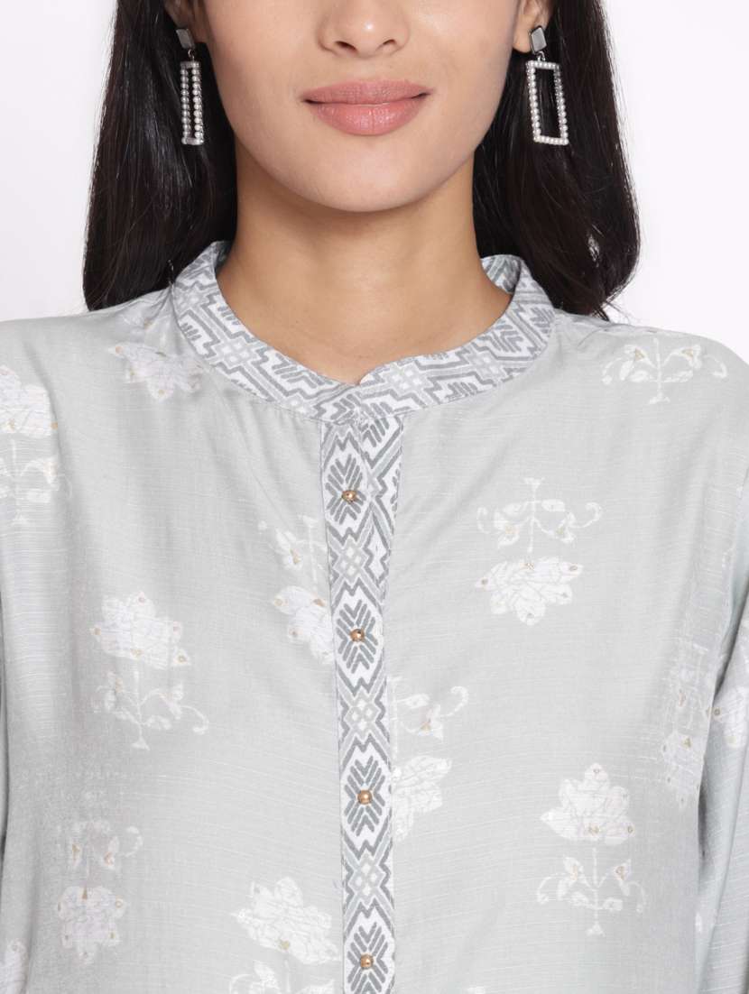 women grey floral mandarin neck kurta palazzo set - 21221440 -  Standard Image - 6