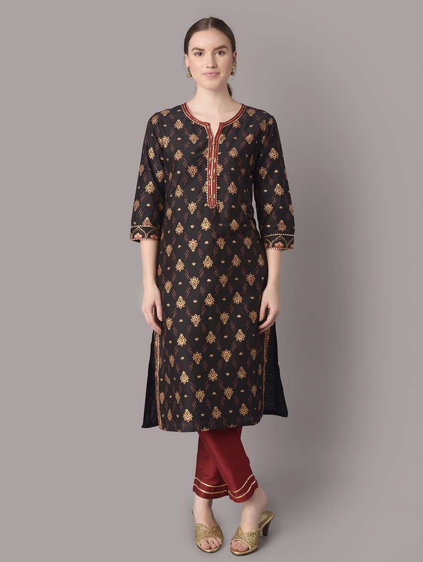 women black printed notch neck kurta pant set - 21221463 -  Standard Image - 1