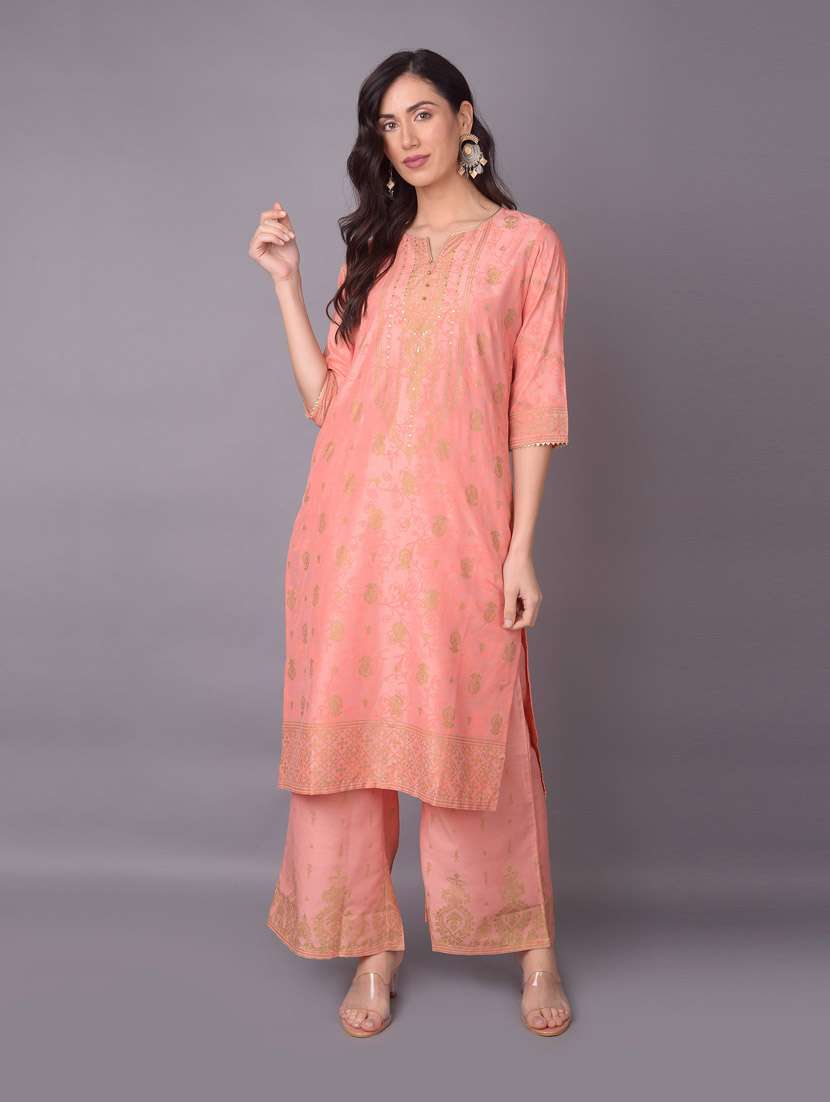 women peach self design kurta palazzo set