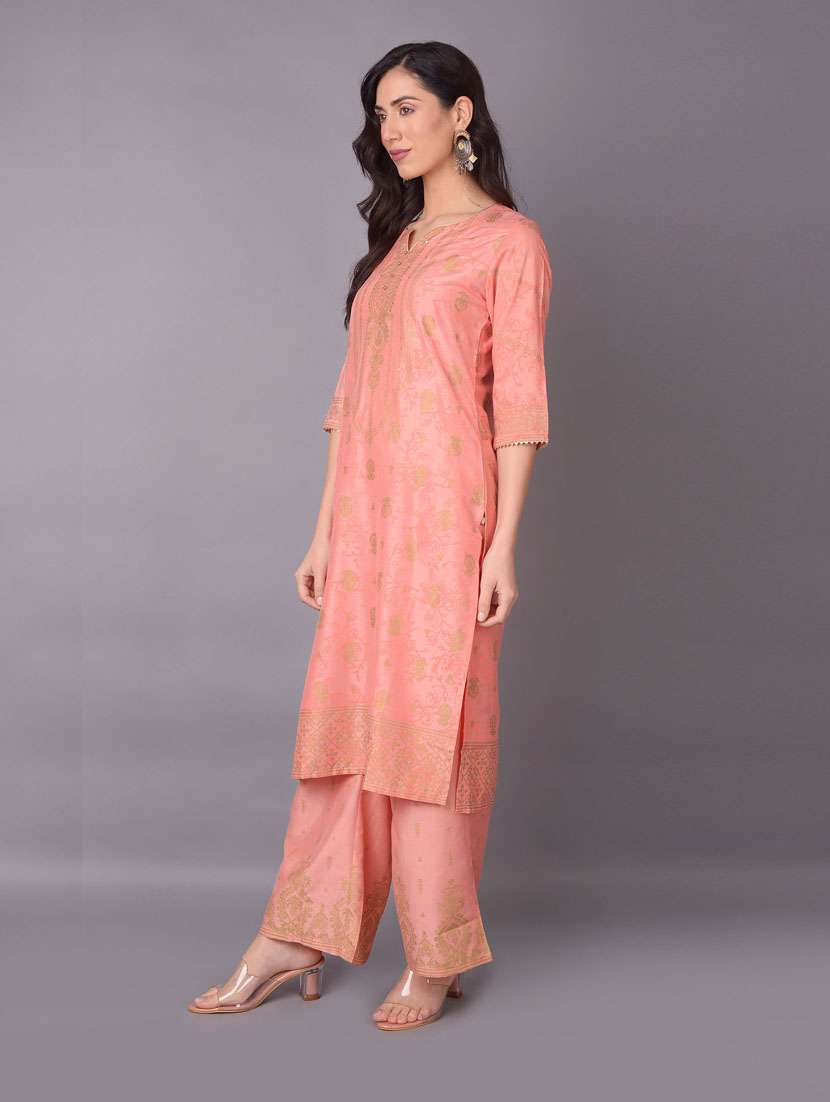 women peach self design kurta palazzo set - 21221467 -  Standard Image - 1