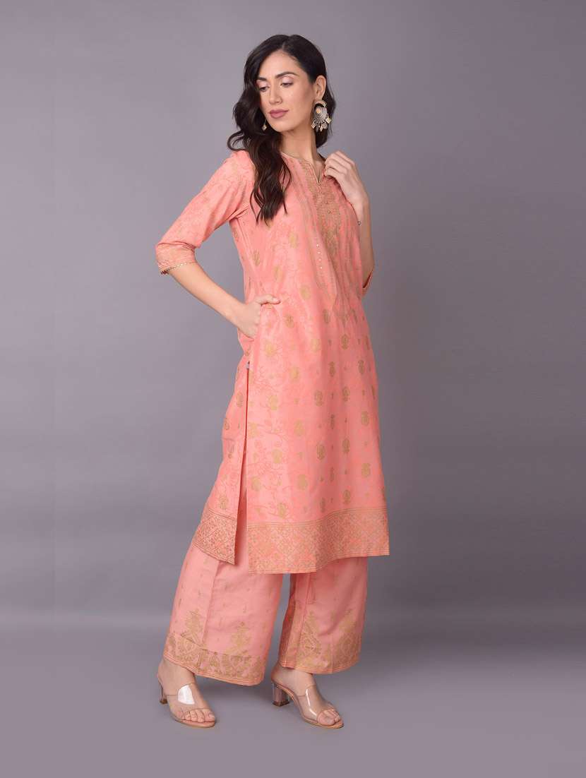 women peach self design kurta palazzo set - 21221467 -  Standard Image - 4