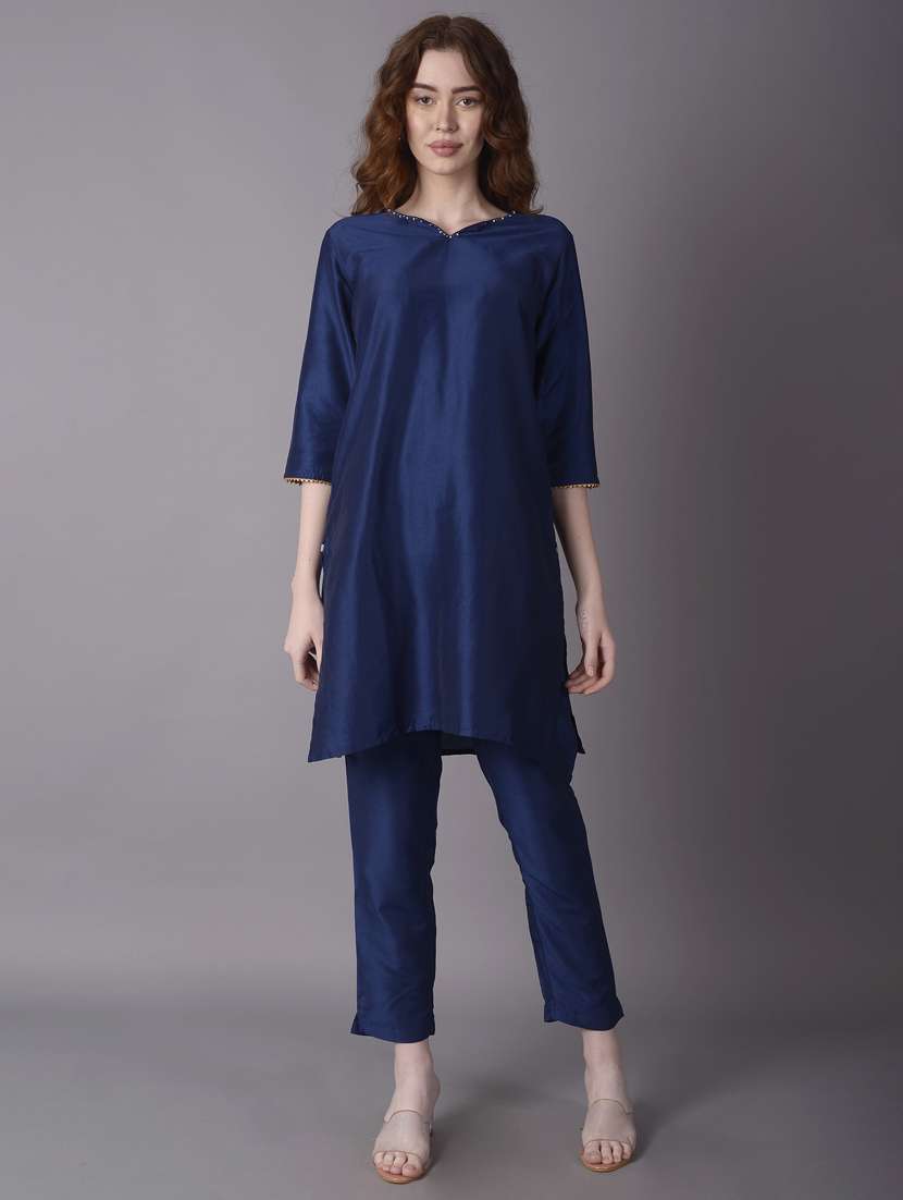 women navy blue solid kurt pant set with long shrug - 21221523 -  Standard Image - 1