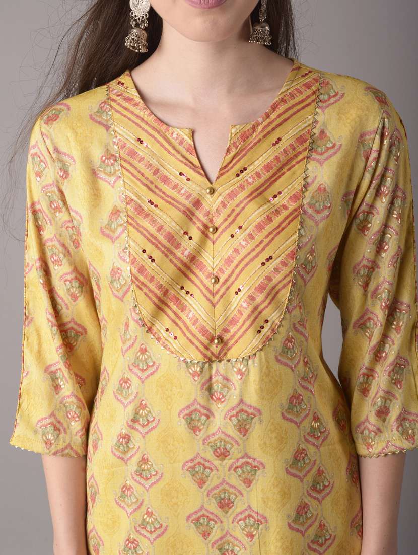 women yellow printed notch neck kurta pant set - 21221528 -  Standard Image - 6