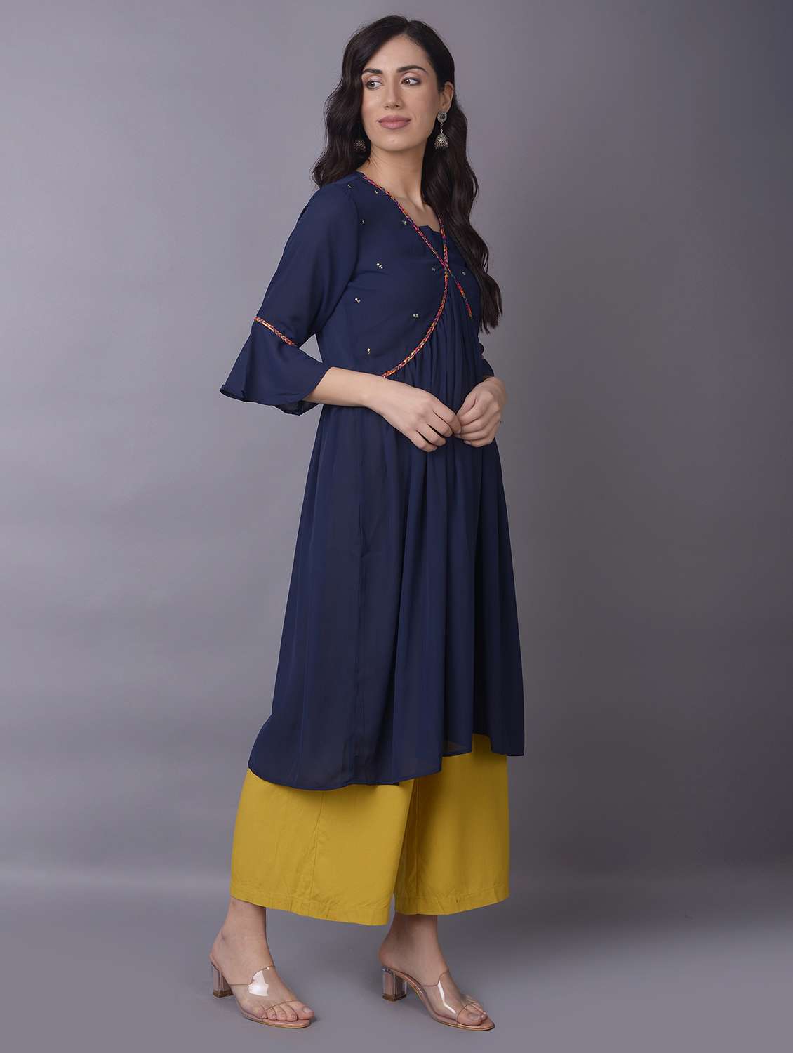 women three quarter sleeve straight kurta - 21221542 - Standard Image - 1