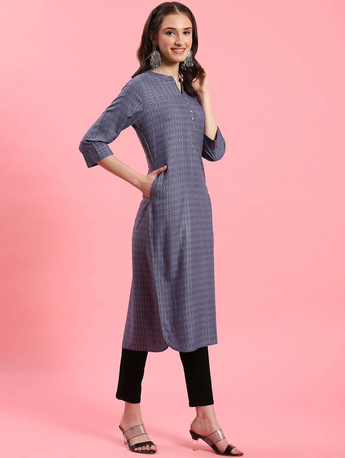 women grey mandarin neck kurta  - 21221576 -  Standard Image - 1