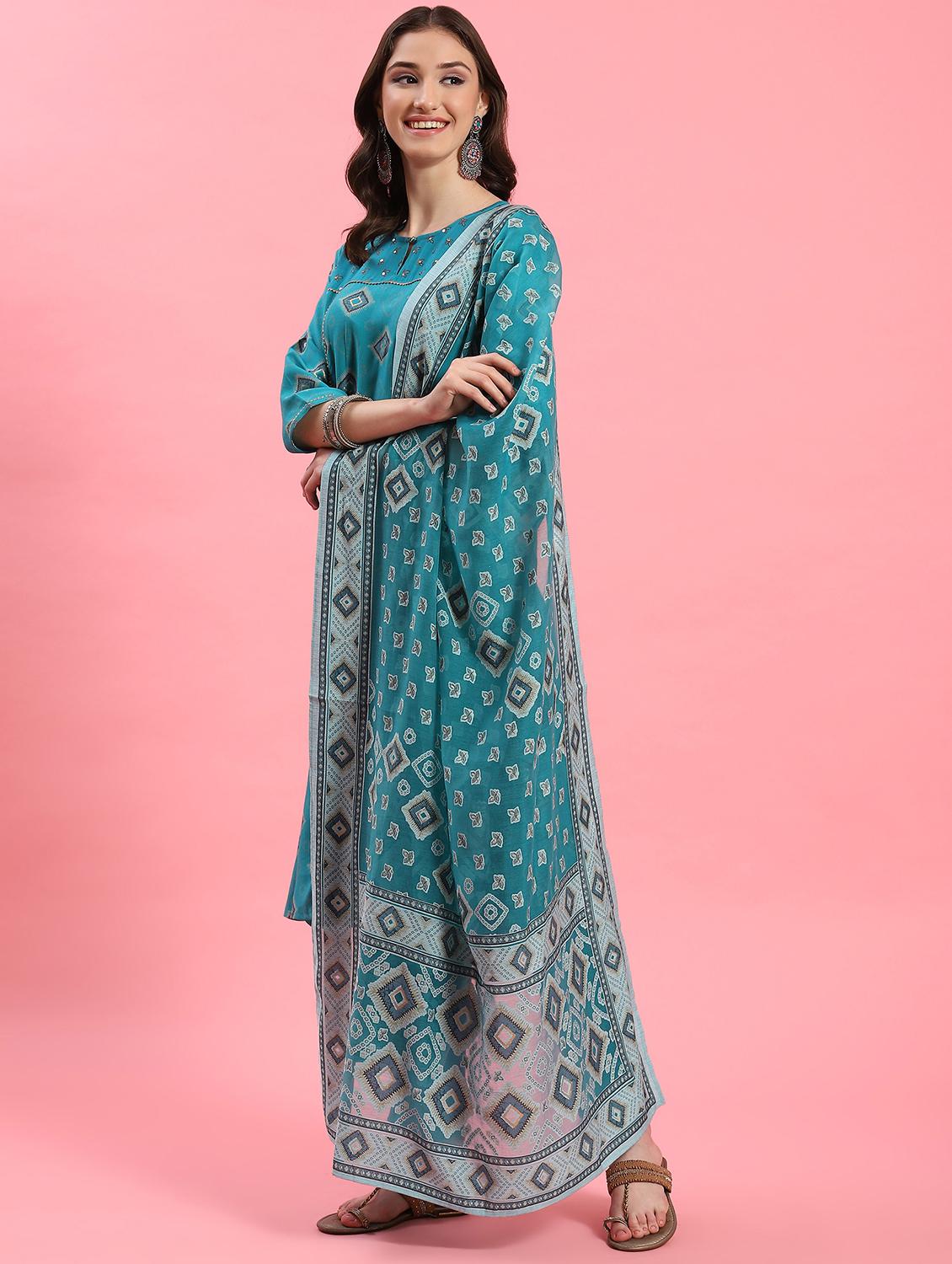 women teal printed kurta pant set with dupatta - 21221582 - Standard Image - 1