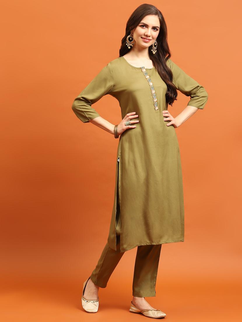 olive rayon kurta dupatta set - 21221603 - Standard Image - 1
