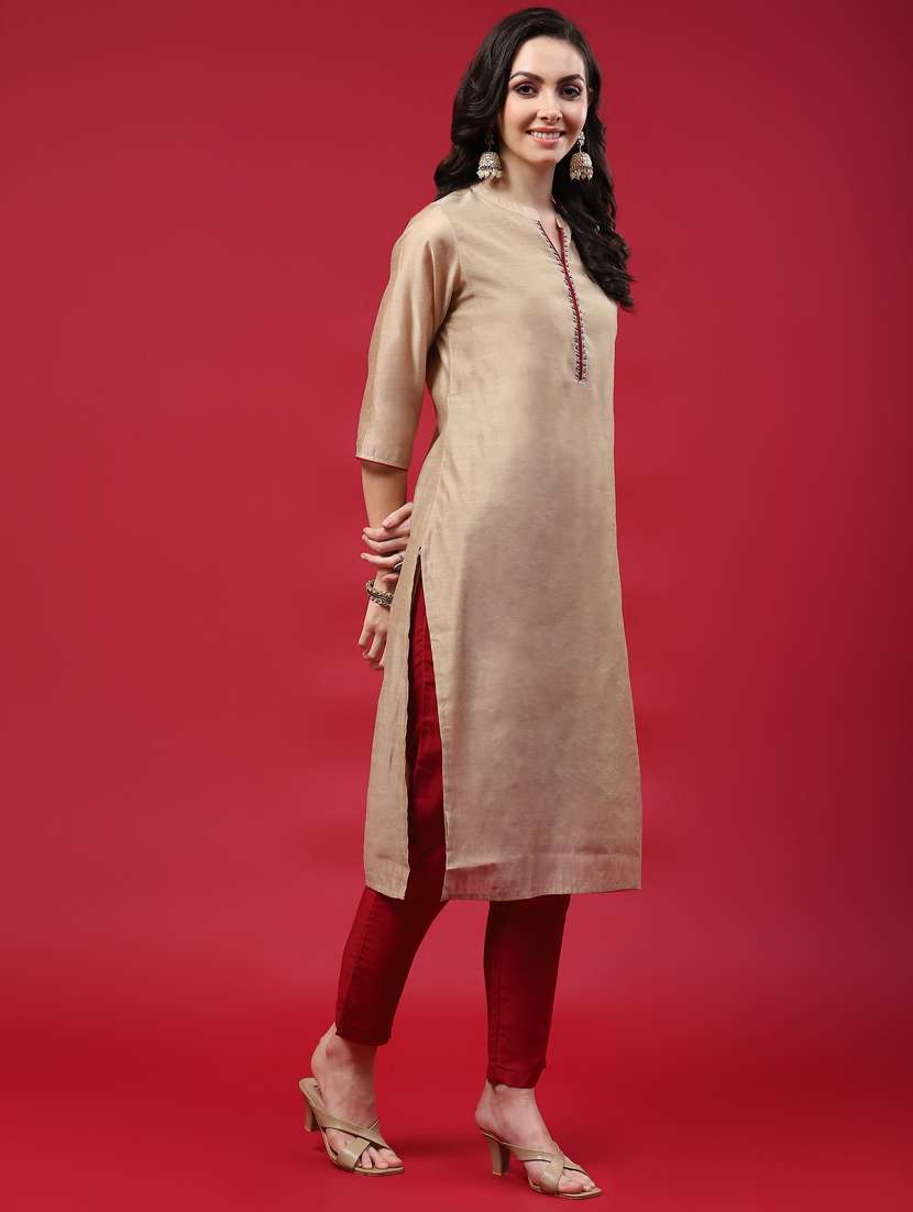 beige chanderi kurta dupatta  set - 21221612 -  Standard Image - 1