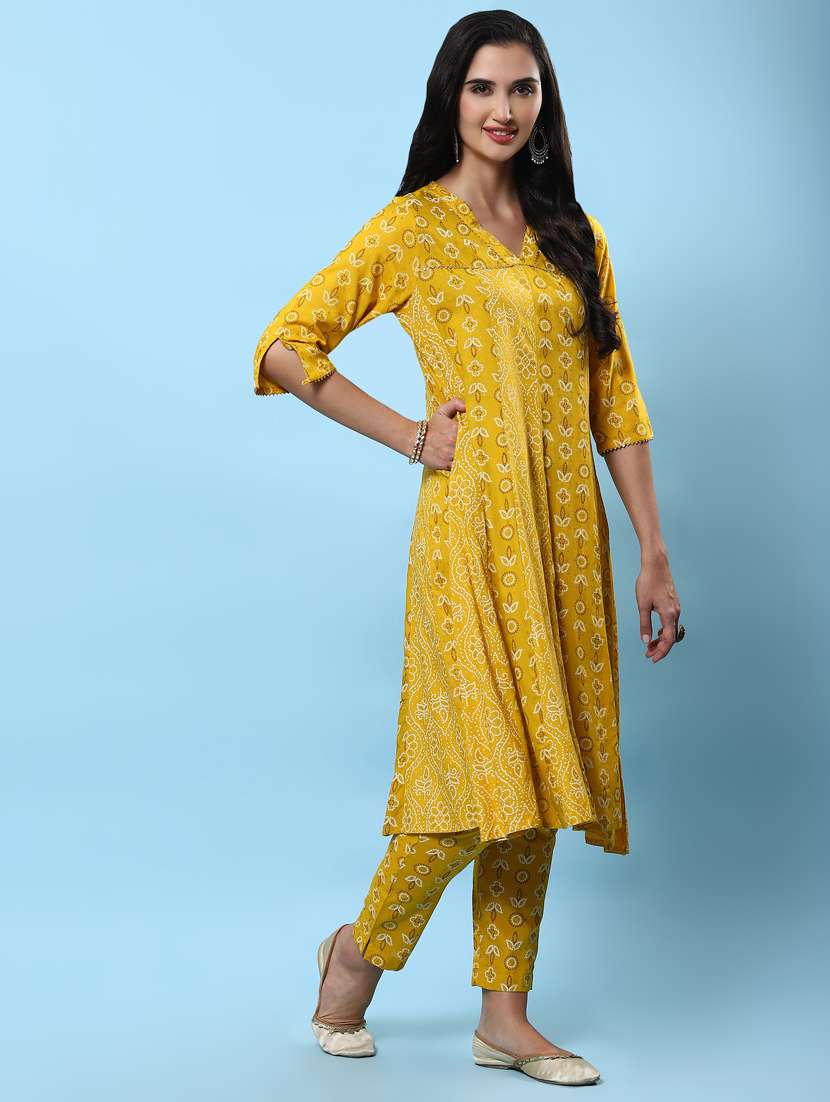 women mustard bandhani v neck kurta pant set - 21221637 -  Standard Image - 1