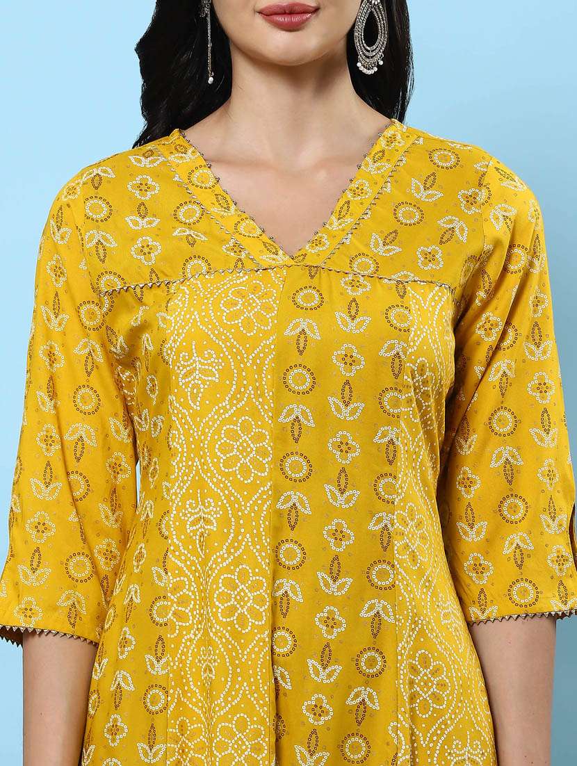 women mustard bandhani v neck kurta pant set - 21221637 -  Standard Image - 6