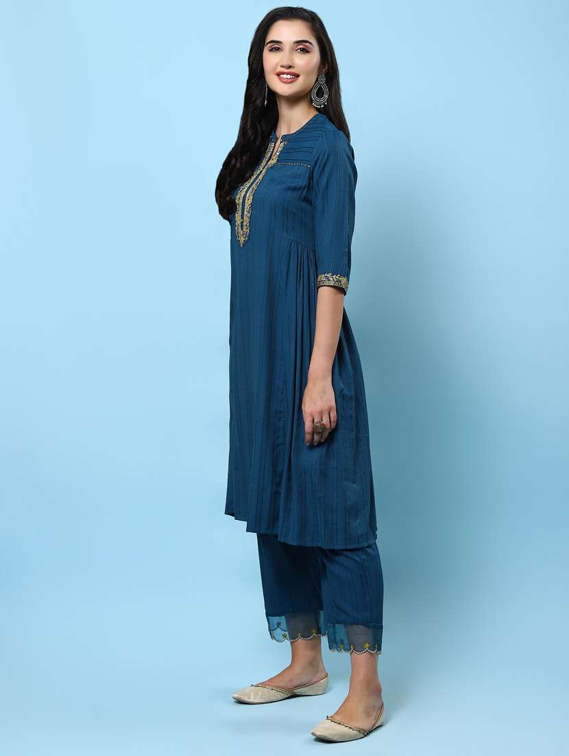 women teal self design kurta pant set - 21221638 -  Standard Image - 1